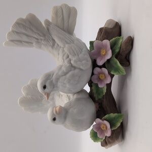 Vintage Courtship Doves Figurine Homco #1453 White Porcelain Birds Pink Floral